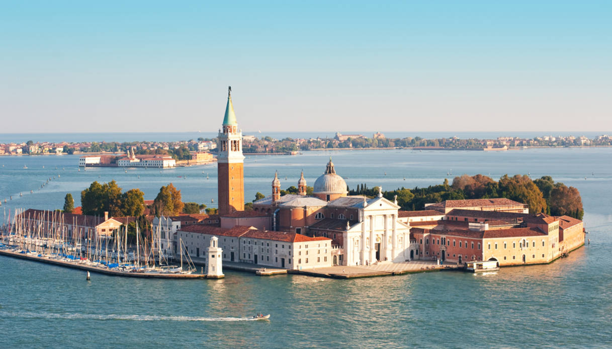 St. George island and Grand canal, aerial view. Venice, Italy.